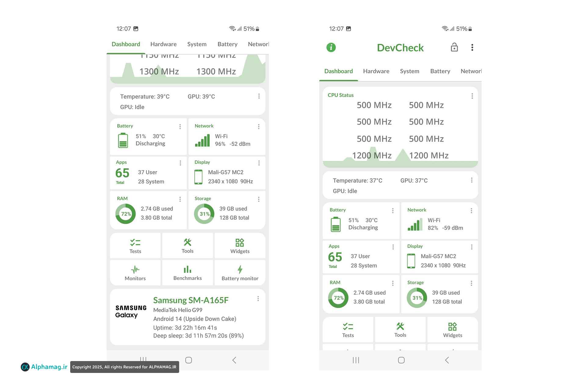 اطلاعات سخت‌افزاری گوشی گلکسی A16 با DevCheck